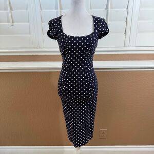Stop Staring Celebrity 1950s Blue White Polka Dot Sheath Pencil Dress Pinup Sz M